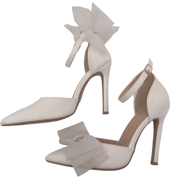 White Pointed Toe Asymmetrical Tulle Bow Stiletto High Heels - Picture 10 of 13
